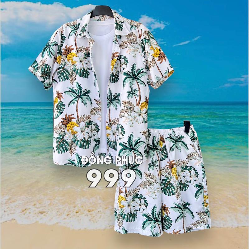 (20 MÀU) ĐỒ BỘ SƠ MI HOA LÁ ĐI BIỂN vải kate thái, Quần áo đồng phục đi biển nam nữ