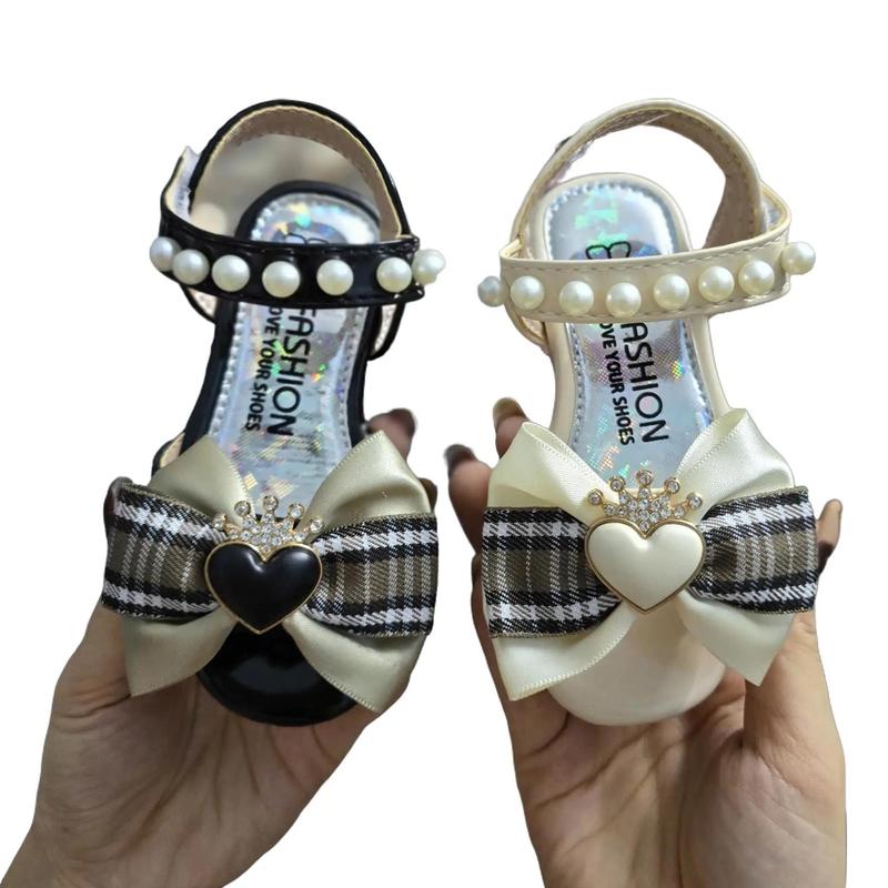 Dép sandal đế thỏ xinh xắn da bóng mềm nơ kẻ tim phong cách tiểu thư Hàn Quốc cho bé gái quai hậu