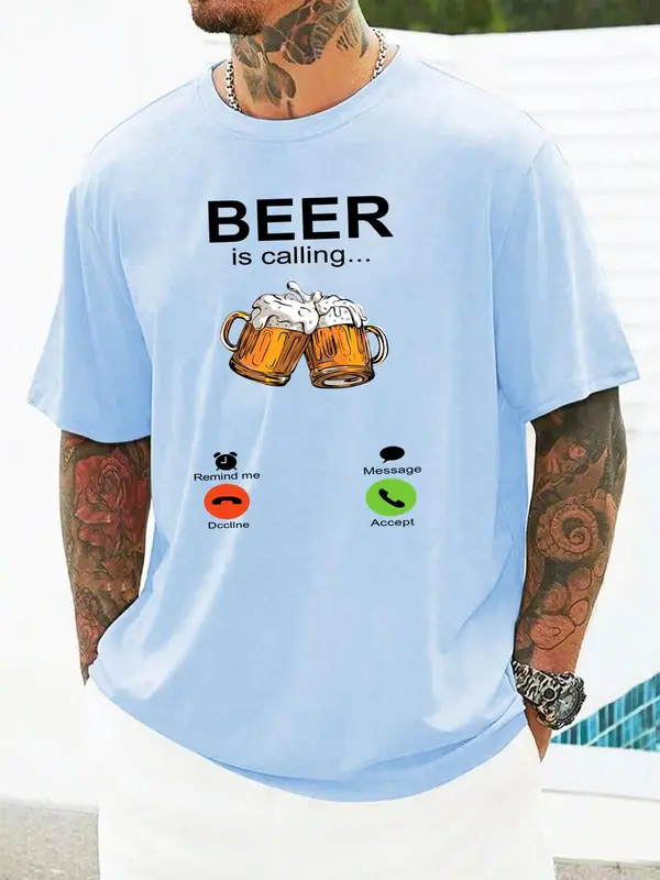 Men's Beer & Letter Graphic Round Neck Tee, Casual Comfy Regular Fit Short Sleeve T-Shirt for Summer, Knitting Top for Men, Graphic Tees 8