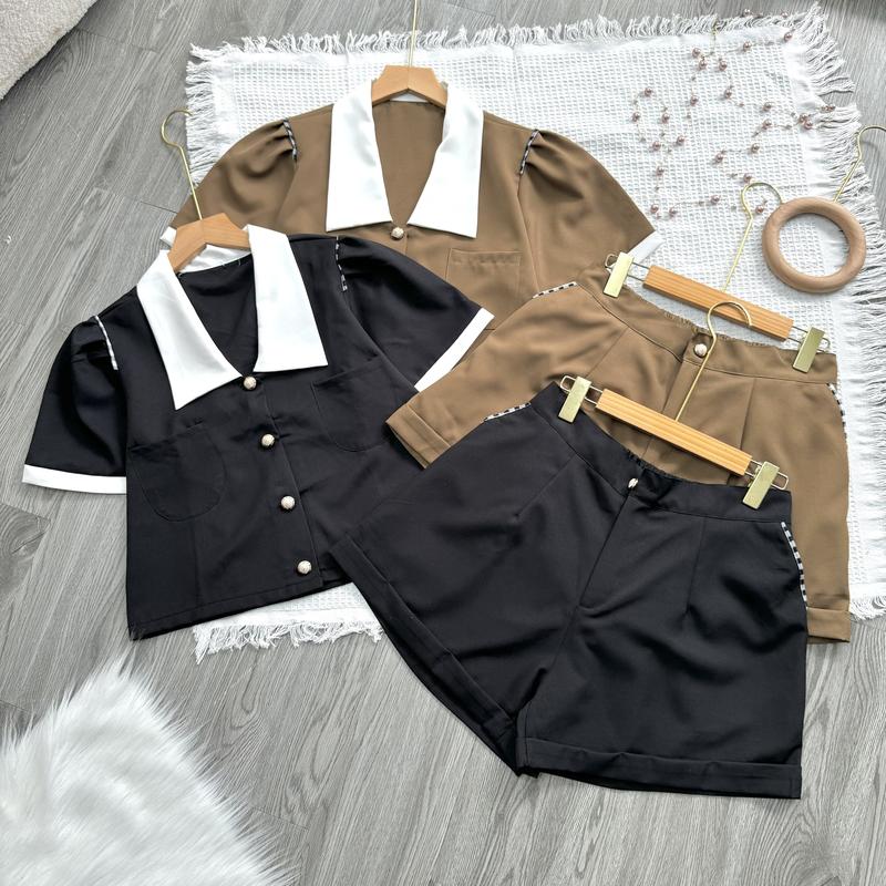  Set Đồ Bộ Thiết Kế Áo Sơ Mi Tay Ngắn Croptop Phồng Viền Trắng Vai Cách Điệu 2Túi Thanh Lịch Trẻ Trung Mặc Mát SET832 
