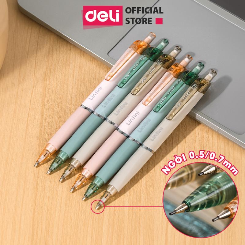 Bút chì kim Scribe màu pastel ngòi 0.5mm 0.7mm Deli Bút chì bấm cơ học có đầu tẩy thiết kế chồng gãy ngòi bút