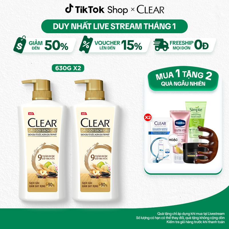 1 Combo 2 Dầu Gội CLEAR 9 Thảo Dược Cổ Truyền Hỗ Trợ Sạch Gàu Giảm Gãy Rụng 630G x2