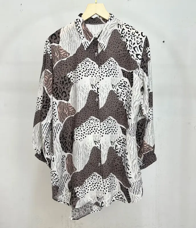 Tunik Kemeja Rayon Motif Diamond Kancing Baju Fit Tangan Balon Panjang 2