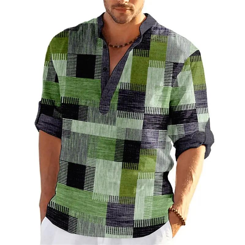 Product Introduction of Men's Spring and Summer Retro Fashion 3D Printed Color blocked Grid Pattern Henley Collar Long Sleeve Shirt Top 11