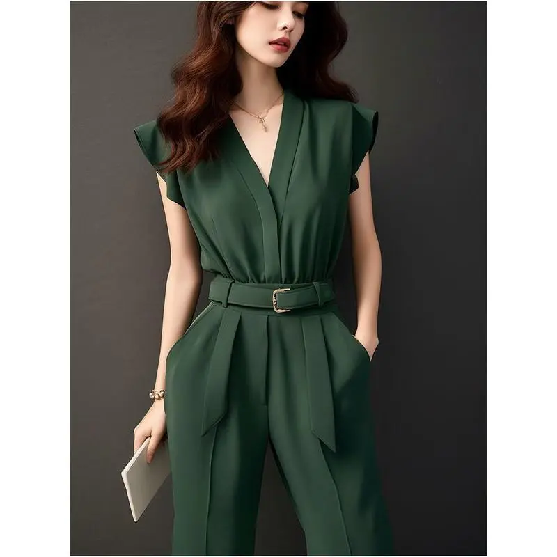 Áo Jumpsuit Quần Cho Nữ, Bộ Đồ Xếp Nếp Cạp Cao, Quần Ống Rộng, Áo Jumpsuit Quần Không Tay Thích Hợp Cho Mùa Hè 2024 Ong Women