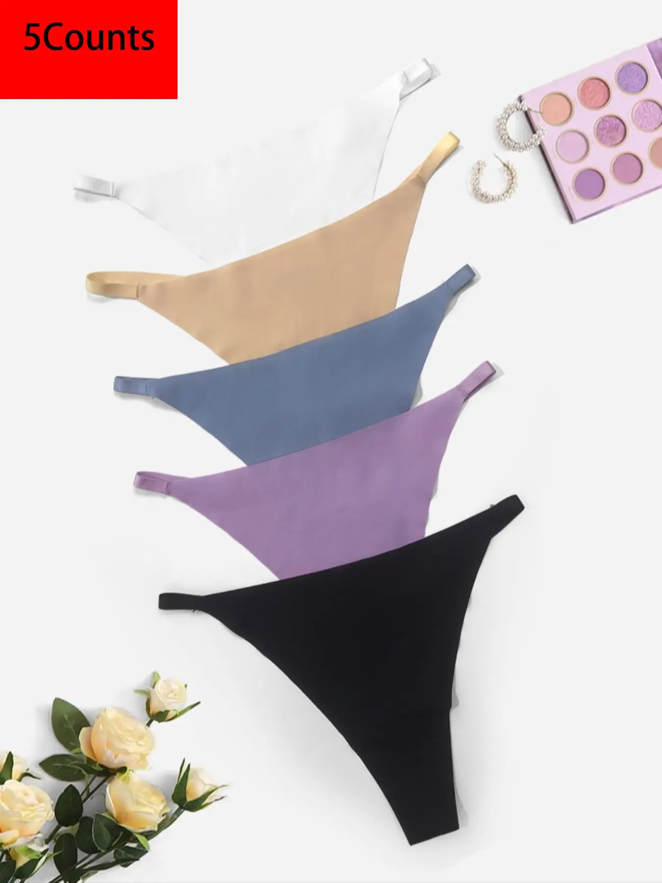 Women's 5pcs Solid Drop Waist Thong, Casual Comfy Breathable Panty for Daily Wear, Women's Knickers for All Seasons