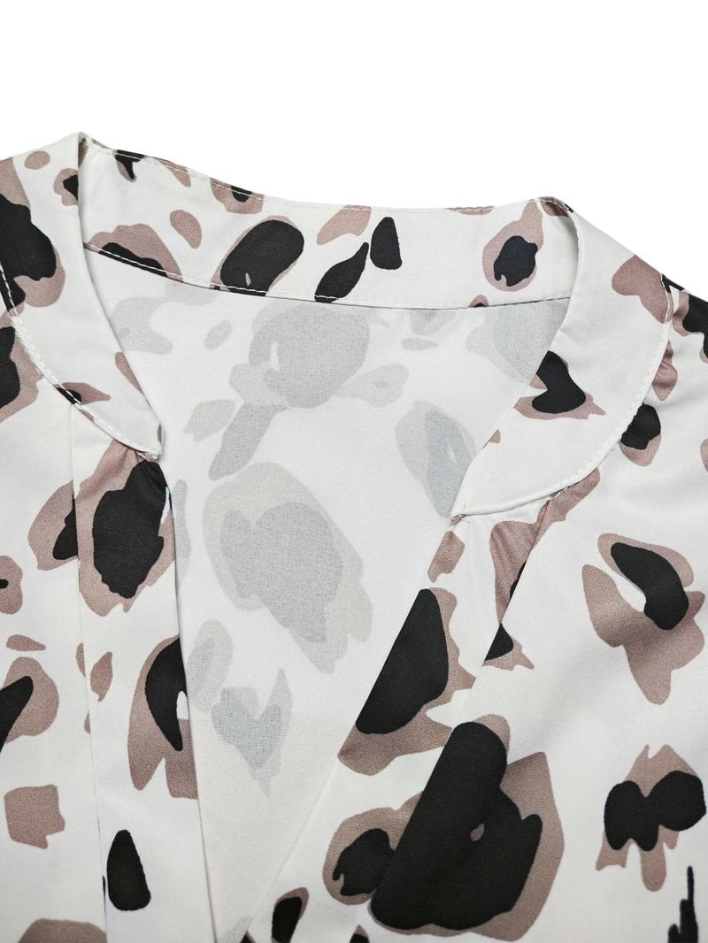 Product Introduction of Women's All Over Leopard Print Notched Blouse, Casual Long Sleeve Top for Fall & Winter, Women's Clothing for Daily Wear 9
