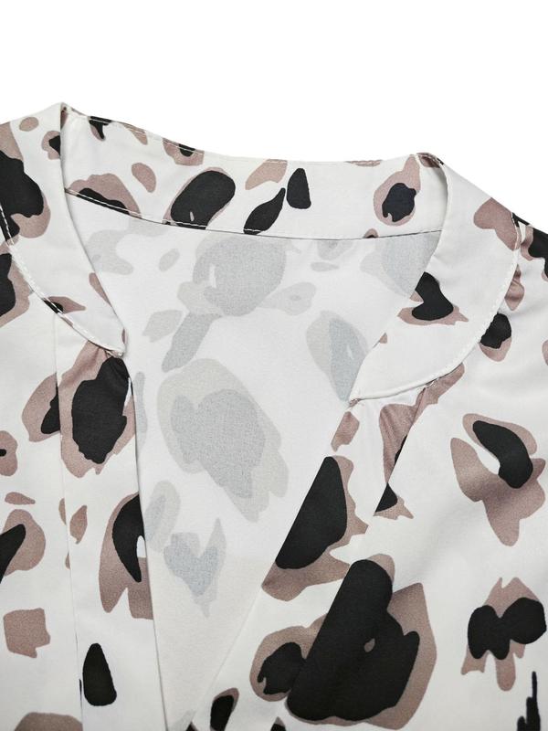 Women's All Over Leopard Print Notched Blouse, Casual Long Sleeve Top for Fall & Winter, Women's Clothing for Daily Wear 8