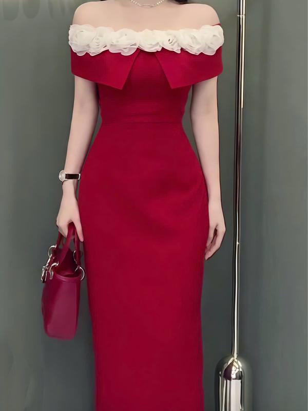 Đầm body kết hoa đi tiệc cao cấp A721 kiểu trễ vai form body dáng dài chất umi co giãn có 2 dây trong suốt trên vai và có đệm mút freesize KimHoa77