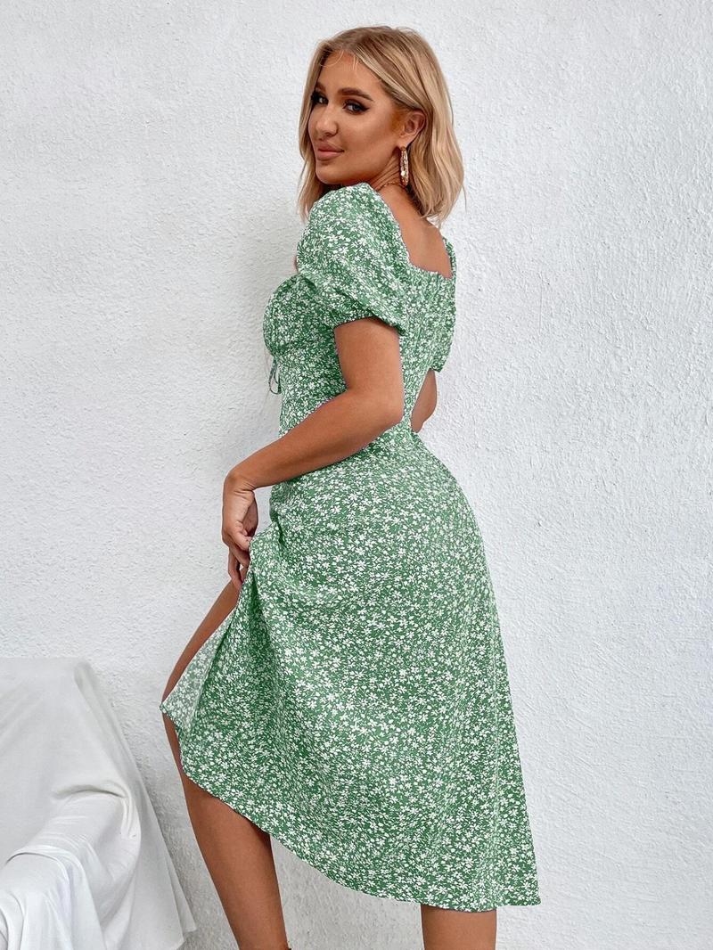 Product Introduction of Women's Frenchy Style Ditsy Floral Print Ruched Split Thigh Milkmaid Dress, Boho Curvy Holiday Outfits 2024 Puff Sleeve Square Neck Midi A Line Sundress for Women, Dresses for Women, Summer Outfits 2024, Lady Dresses for Summer 8