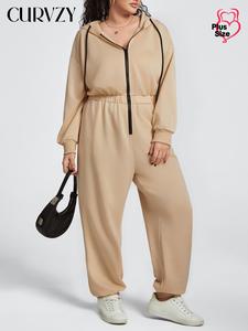 CURVZY Plus Size Solid Zip Up Drawstring Hooded Jumpsuit, Casual Long Sleeve Jumpsuit for Spring & Fall, Women's Clothes for Daily Wear
