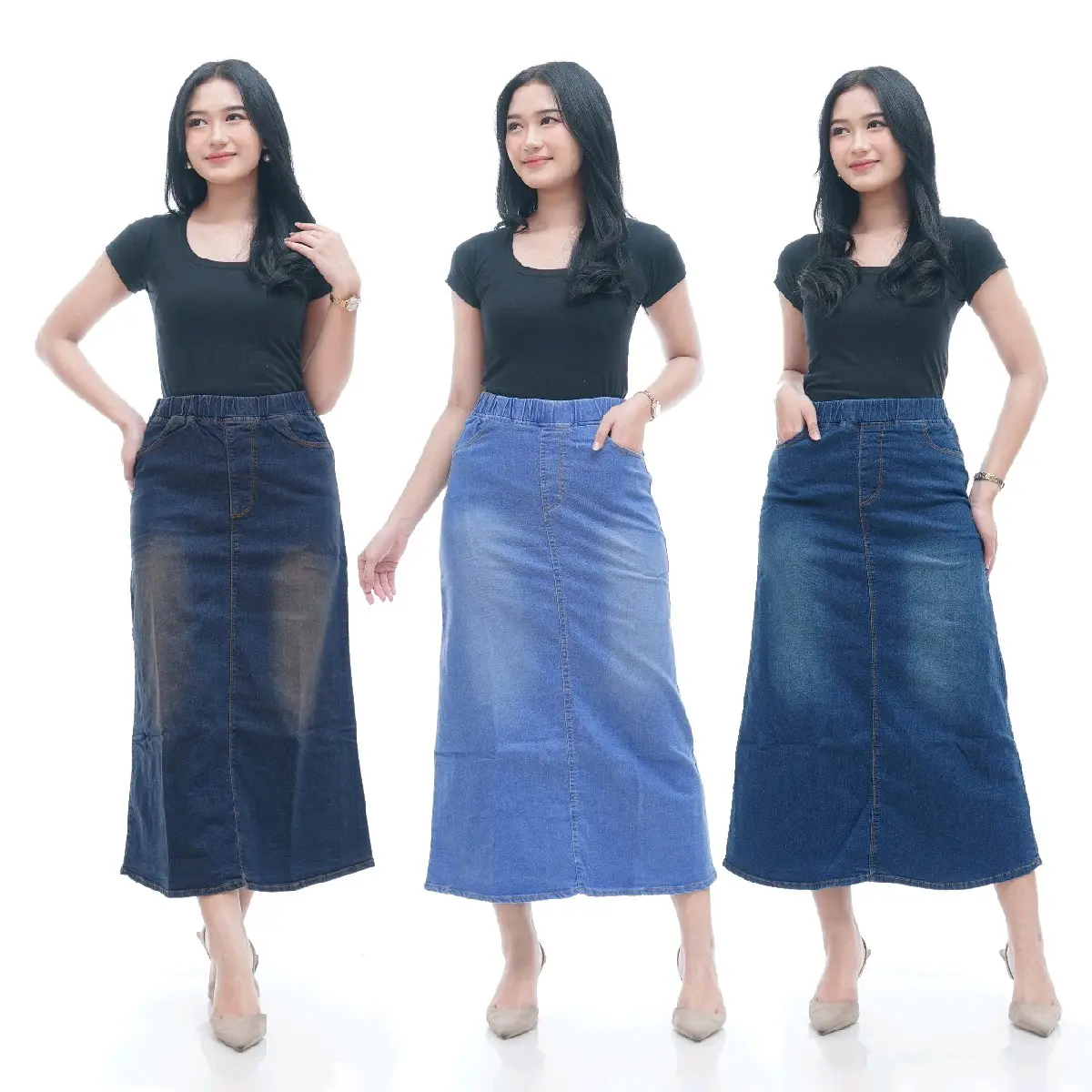 terbaru Rok jeans panjang wanita jumbo big size Denim bahan tebal - rok Cewek  pinggang karet street polos Melar