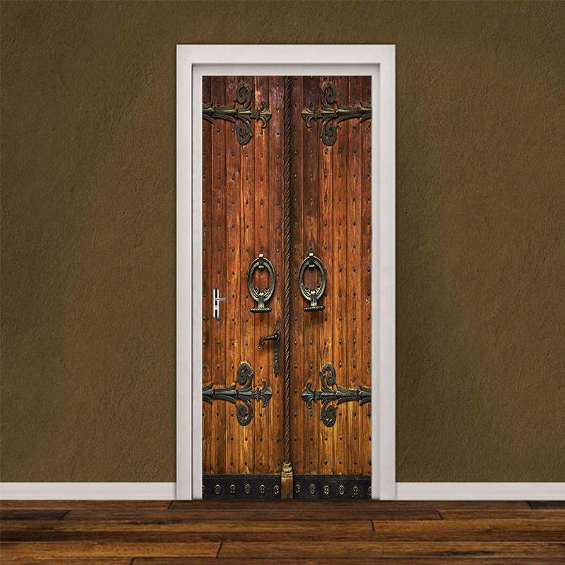 Vintage Door Pattern Door Sticker, 2pcs/set Removable Waterproof Door Sticker, Self-adhesive Wall Decal, Wall Decor for Home Living Room Bedroom, Home Decor 5