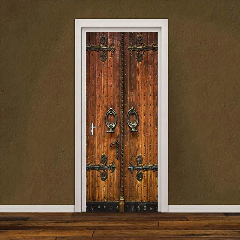 Vintage Door Pattern Door Sticker, 2pcs/set Removable Waterproof Door Sticker, Self-adhesive Wall Decal, Wall Decor for Home Living Room Bedroom, Home Decor 5