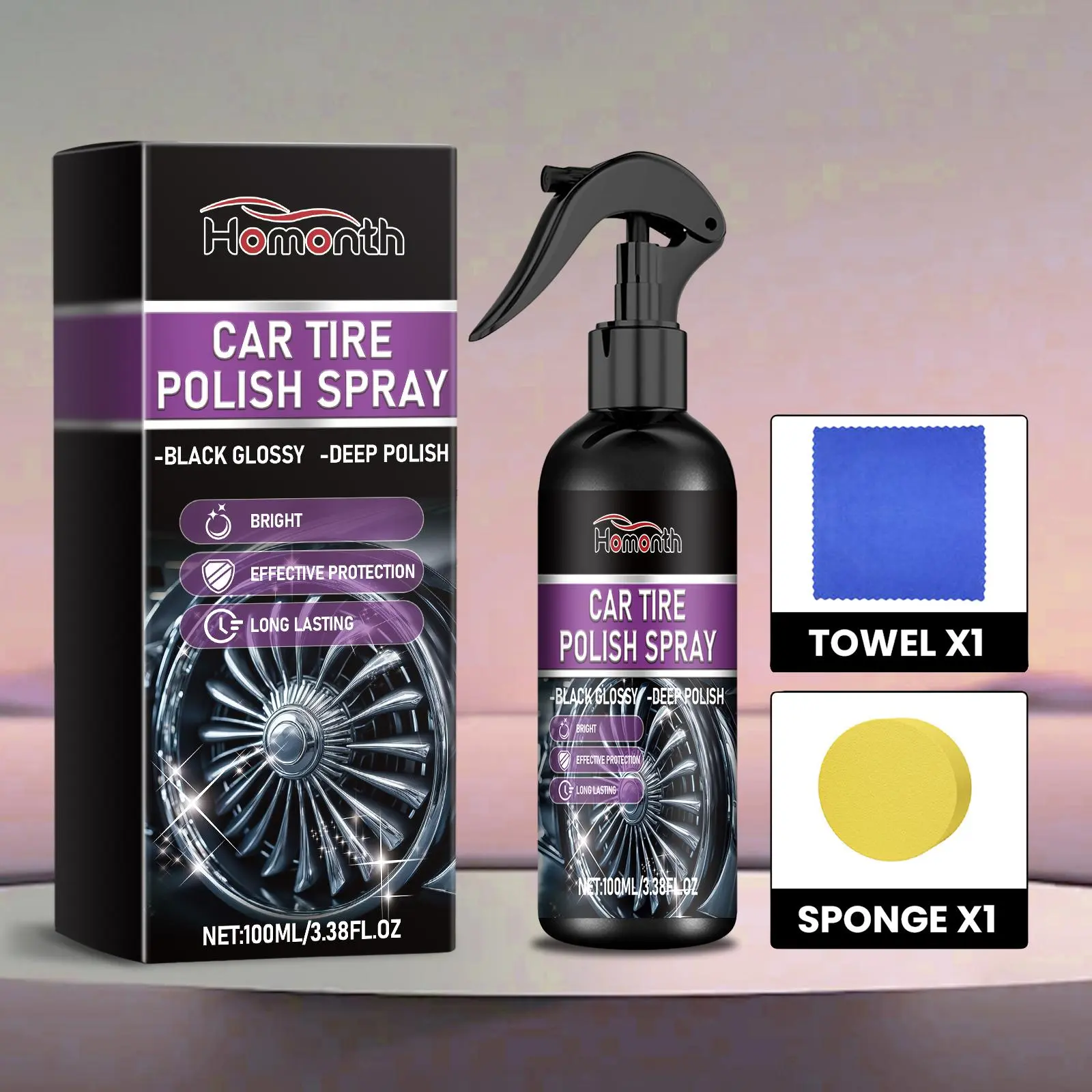 Car Wheel Polish Spray with Towel & Sponge,  1/2 Counts Car Wheel Polishing Agent, Household Cleaning Tool for Car Wheel Hub, Car Cleaning Supplies