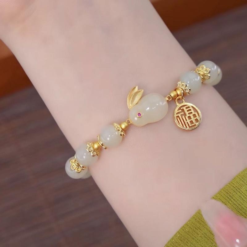 Vòng Tay Nữ Mặt Thỏ Ngọc Dễ Thương - Hạt 7mm Màu Ngọc Bích 0