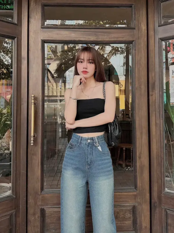 (Suông nấm lùn-95cm) Quần jeans suông nấm lùn thêu minmin, tông màu xanh nhạt bụi, chất jean sotton không giản 208 Nữ Women Pants 3