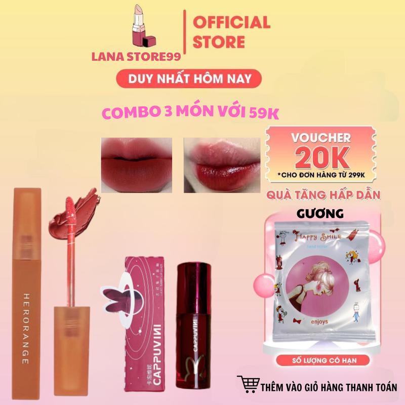 Combo:1 Son Thỏ Cappuvini + 1 Son Herorange tặng 1 gương Trang Điểm Mỹ Phẩm Cosmetic Nữ Son Môi Son Kem Women