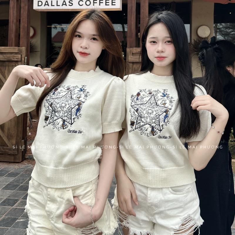 ÁO LEN CỘC TAY NGÔI SAO THÊU MÀU TRẮNG KEM