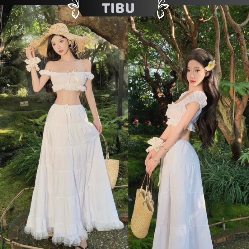 Set Áo Croptop Trễ Vai Đính Nơ Phối Chân Váy Xoè Viền Ren Đi Chơi Dạo Phố Biển Tiểu Thư Tôn Dáng TIBU B400