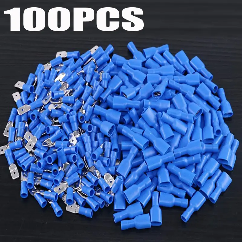 100pcs 50pairs 6.3mm 22 10AWG Female Male Electrical Wiring Connector Insulated Crimp Terminal Spade Blue Wire Connector