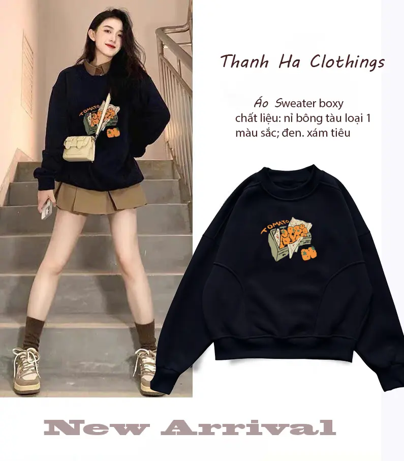 [TẾT 2025] Áo Nỉ Sweater Boxy Nữ Women Top hoạ tiết vintage Tomoto - Cổ tròn, chất mềm mịn, dày dặn Hoodie - Croptop