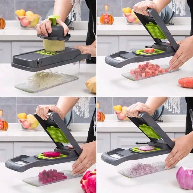 15 in 1 Vegetable Chopper,  Vegetable Slicer Fruit and Vegetable Dicing Machine, Food Slicer Veg Chopper Manual Onion Slicer Dicer Chopper Cutter Veg Slicer (Gray) Viral ticktock top product ,Kitchen Detachable Blade Set heat resistant casual green durabl 2