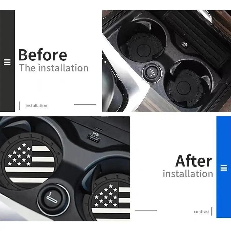 4 PCS Car Cup Holder Coasters, American Flag Anti-Slip Shock-Proof Pad, 2.75In Waterproof Creative Embedded Drink Mat, Universal for Most Cars (Black) 4