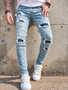 Men's Regular Fit Blue Distressed Ripped Jeans, Fashion Casual Comfy Denim Pants for Daily Outdoor Wear, Mens Bottoms for All Seasons, Cotton