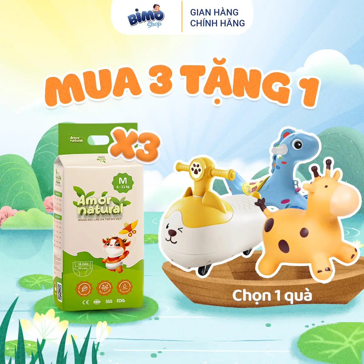 (3A) [HOT - 3 BỊCH TẶNG QUÀ] Combo 3 Bịch Tã/ Bỉm AMOR NATURAL VIỆT NAM Thoáng Khí Mỏng Nhẹ Cho Bé