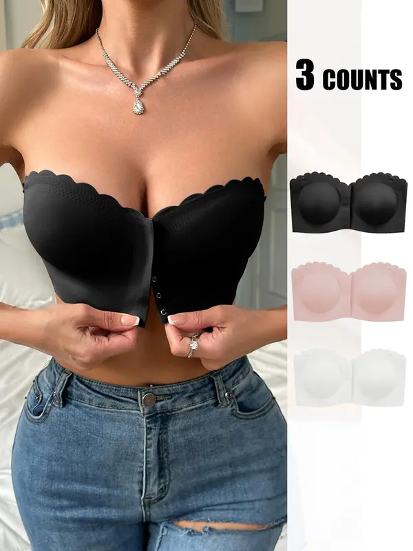 Women's Solid Scallop Trim Hook & Eye Front Wireless Bandeau Bra, Comfortable Breathable Seamless Strapless Bralette Lingerie for Daily Wear, Lingerie Top for All Seasons, Bras for Women 5