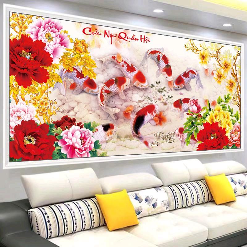   THÊU KÍN  Tranh thêu chữ thập cửu ngư quần hội  MN0099-130x60cm,MN0100-180x80cm  