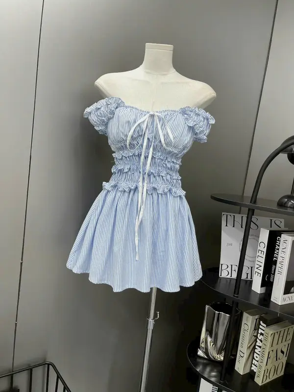 Đầm kẻ sọc chun eo form xòe thắt nơ Lina Closet Nữ Women Dress 4