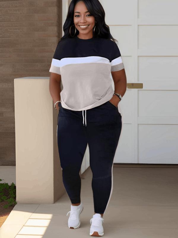 Lovelywholesale Two-piece Set Plus Size Colorblock Short Sleeve Tee & Drawstring Pocket Jogger Pants Set, Mean Girls Outfit, Co-ord Set for Women, Comfort Lady Co Ord Set, Casual Summer Clothes Set, Plus Size 2 Piece Sets 3