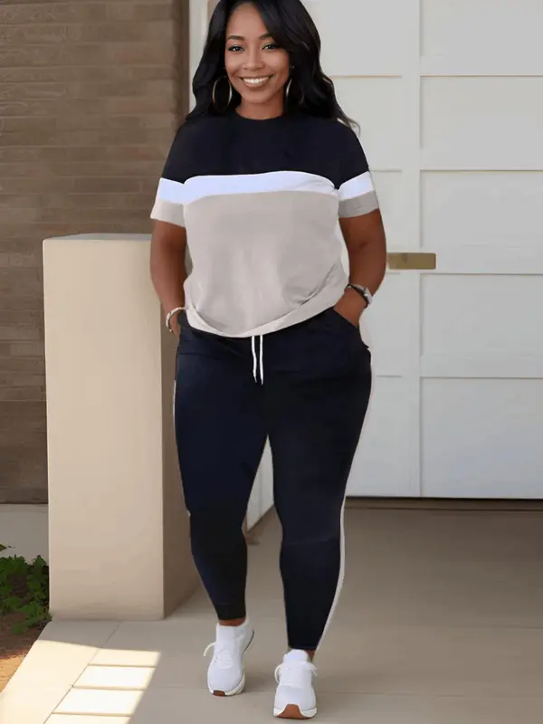 Lovelywholesale Two-piece Set Plus Size Colorblock Short Sleeve Tee & Drawstring Pocket Jogger Pants Set, Mean Girls Outfit, Co-ord Set for Women, Comfort Lady Co Ord Set, Casual Summer Clothes Set, Plus Size 2 Piece Sets 2