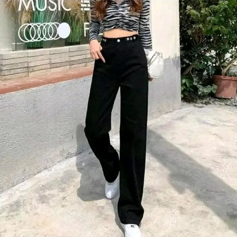 Celana Highwaist Jeans Wanita pinggang kancing yang dapat di sesuaikan GREY 3