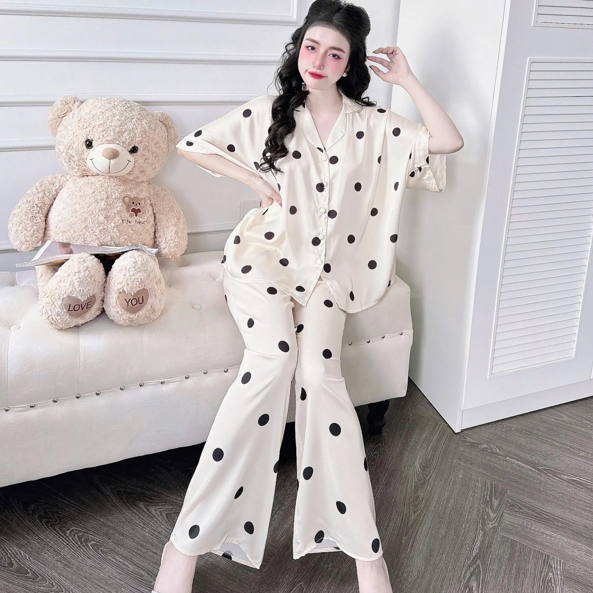 (Big Size 50-75kg) Đồ Bộ Ngủ Pijama Tay Áo Cánh Dơi Quần Dài In Hình Dễ Thương Lụa Latin Women Nữ