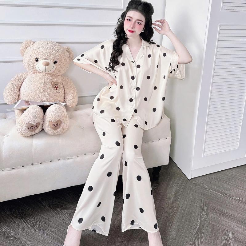 Big Size 50-70kg Đồ Bộ Ngủ Pijama Tay Áo Cánh Dơi Quần Dài In Hình Dễ Thương Lụa Latin Women Nữ