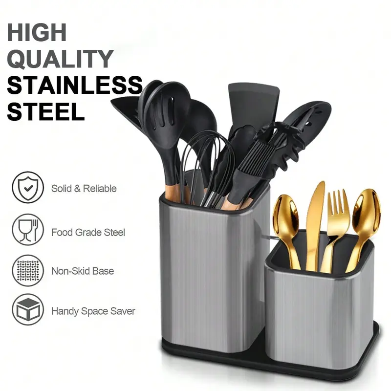 #KUP Stainless Steel Kitchen Utensil Storage Can, Cutlery Holder For Forks, Knives, Spoons 1