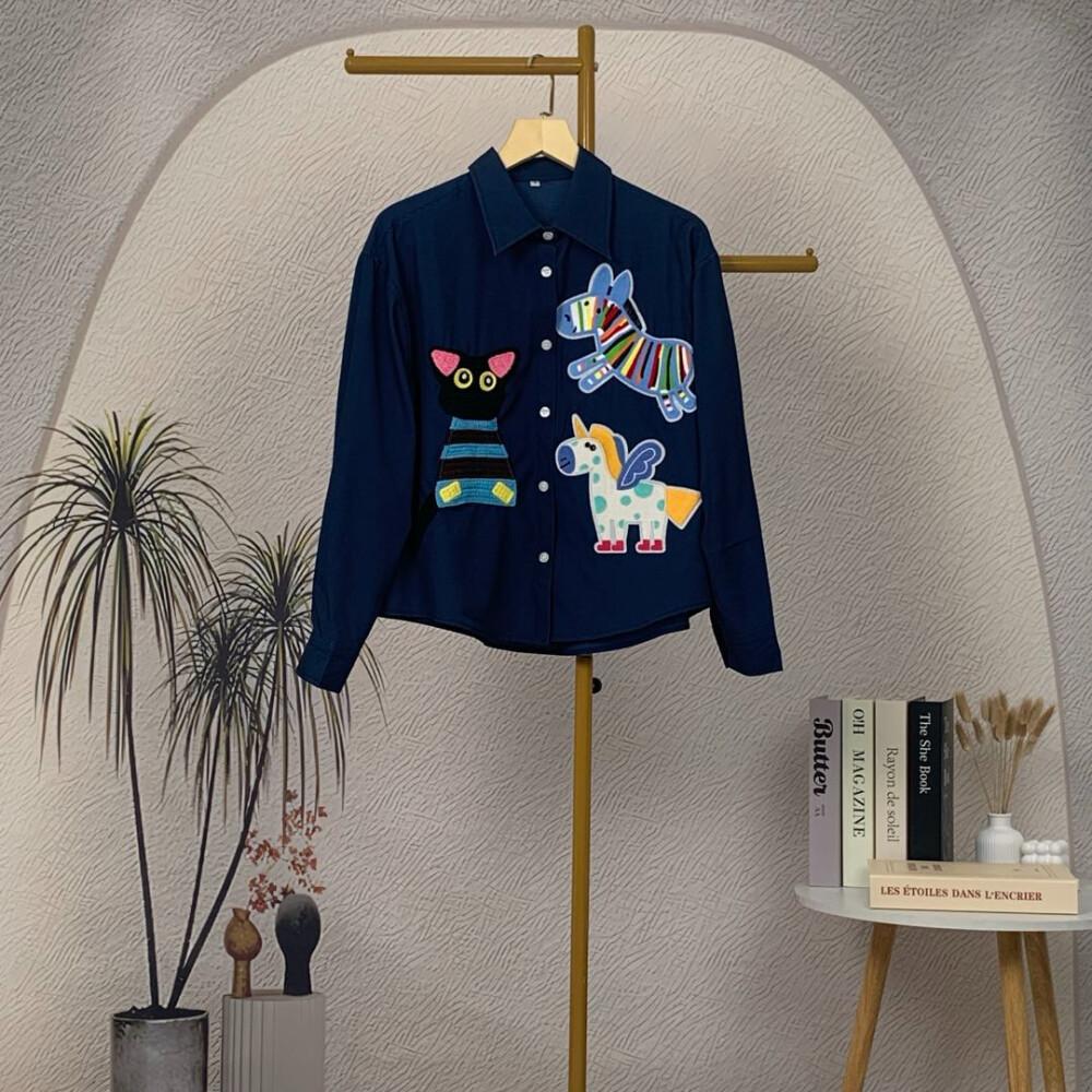 [ready stock]CHICMORE Kemeja Wanita Longgar Lengan Panjang Warna Solid Bordir Motif Lucu