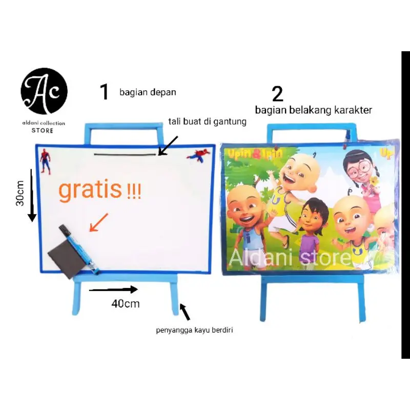 Papan tulis belajar anak dengan penyangga kayu White board karakter anak Papan tulis dengan penyangga kayu