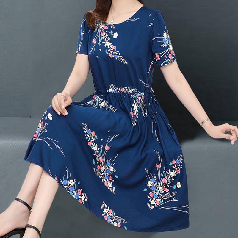 Spring and Summer New plus Size Women's Floral Dress Middle-Aged and Elderly Women's Dress Loose Slimming Plump Girls Anti-Aging Dress 0