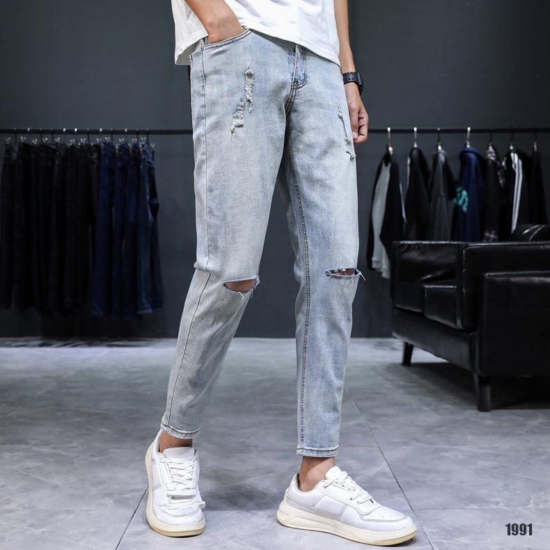 Quần jean nam xanh nhạt rách gối cao cấp Menswear Pants Có Túi
