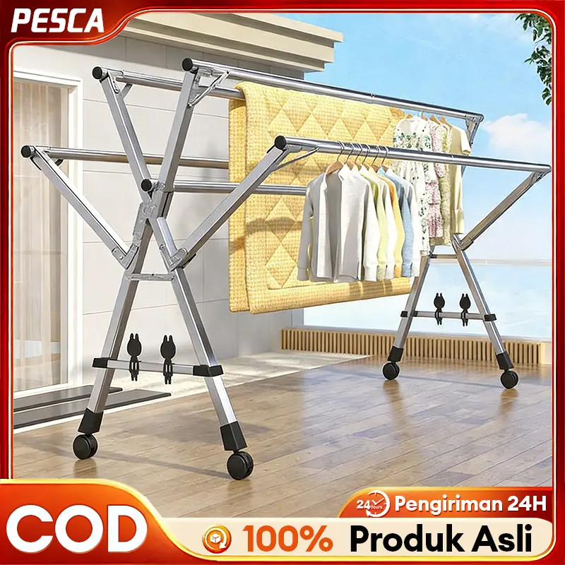 5 Tiang Jemuran Baju Lipat Stainless Jemuran Baju Portable Gantungan Baju Jemuran Pakaian Outdoor / Indoor Tahan Karat SUS‑304 240cm