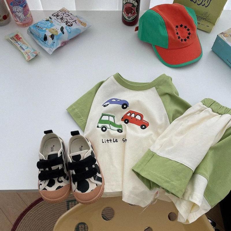 Bộ Đồ Cotton Mùa Hè Cho Trẻ Em, Bộ Sưu Tập Mới 2024, In Hình Hoạt Hình, Ngắn Tay, Cho Bé Trai Và Bé Gái, Quần Đùi Màu Tương Phản, Bộ Hai Mảnh 6