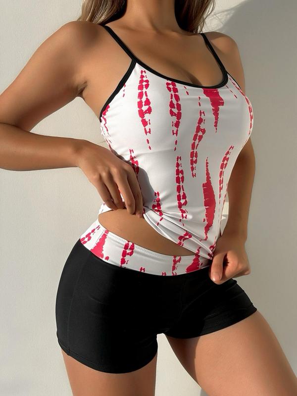 Two-Piece Set Women's Tie Dye Print Adjustable Strap Cami Tankini Top & Patchwork Shorts Tankini Set, Comfort Breathable Casual Swimsuit for Beach, Ladies Swimwear 2
