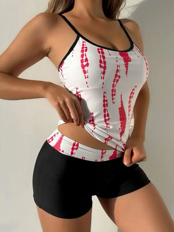 Two-Piece Set Women's Tie Dye Print Adjustable Strap Cami Tankini Top & Patchwork Shorts Tankini Set, Comfort Breathable Casual Swimsuit for Beach, Ladies Swimwear 2