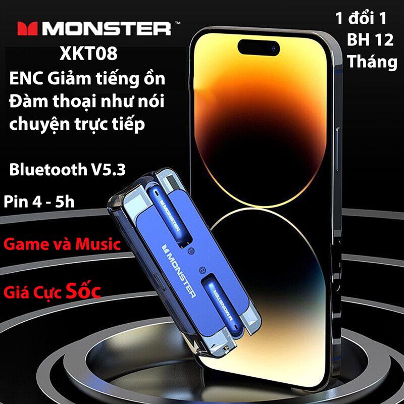 Tai nghe Bluetooth MONSTER XKT08, Âm thanh Hifi, chính hãng, cảm ứng , có mic đàm thoại, bảo hành 12 tháng dùng cho ios, android, PC, game, music Nghe Nhạc Không Dây Nhét Tai Earphone Wireless