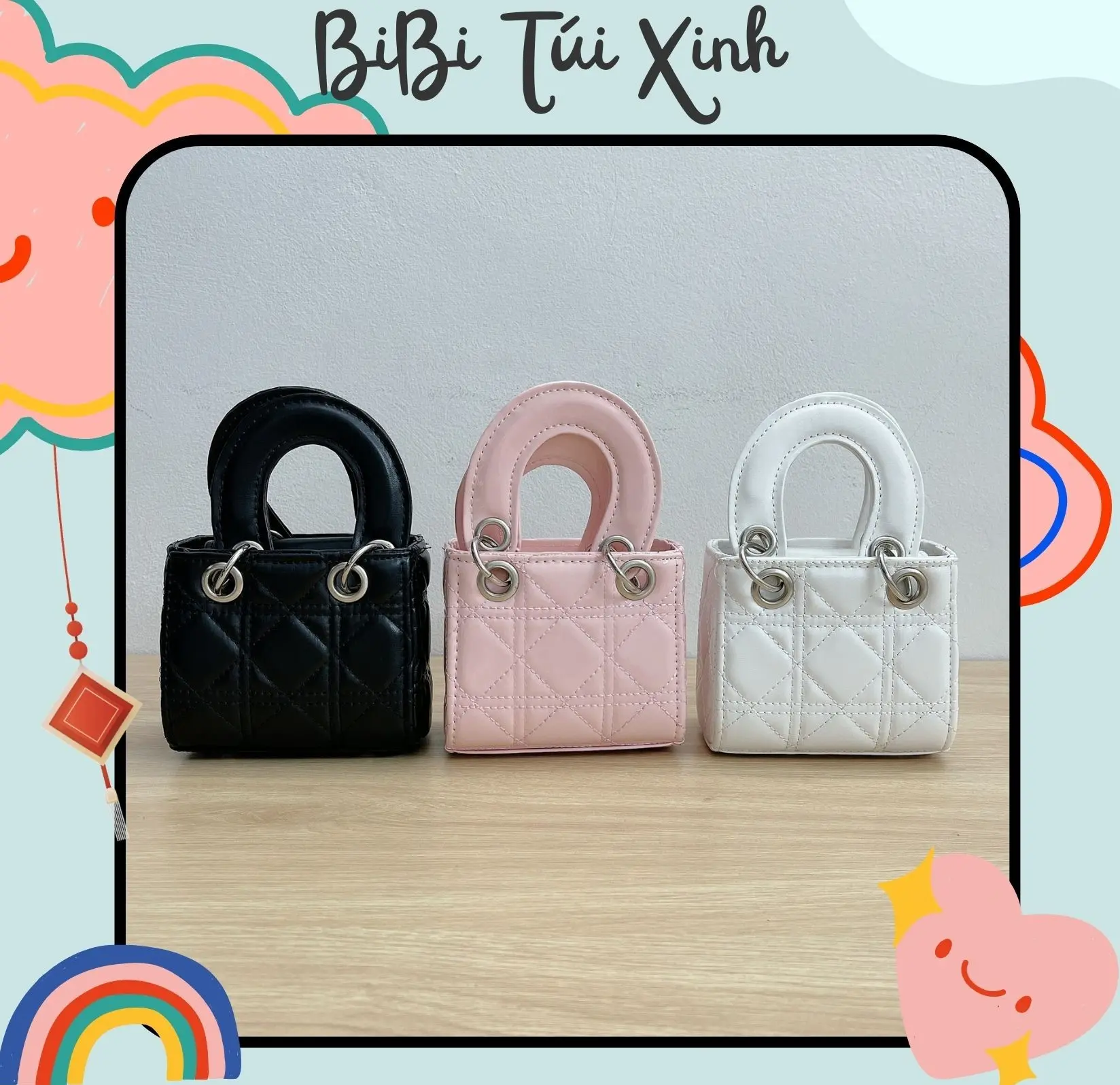 Túi hộp vuông mini DA BÓNG DA LÌ tag vàng tag bạc không vừa điện thoại