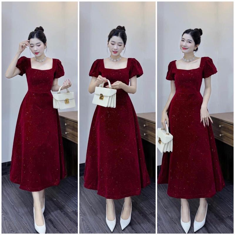 Đầm nhung kim tuyến tay phồng cổ vuông kiểu dáng dài trẻ trung